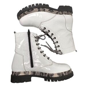 Ateliers Italy White Patent Leather Combat Boots Women Sz 37 Lug Sole Snake Trim